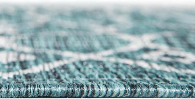 Unique Loom Outdoor Trellis Collection Area Rug - Tribal Trellis (7' 10" Square, Teal/ Ivory)
