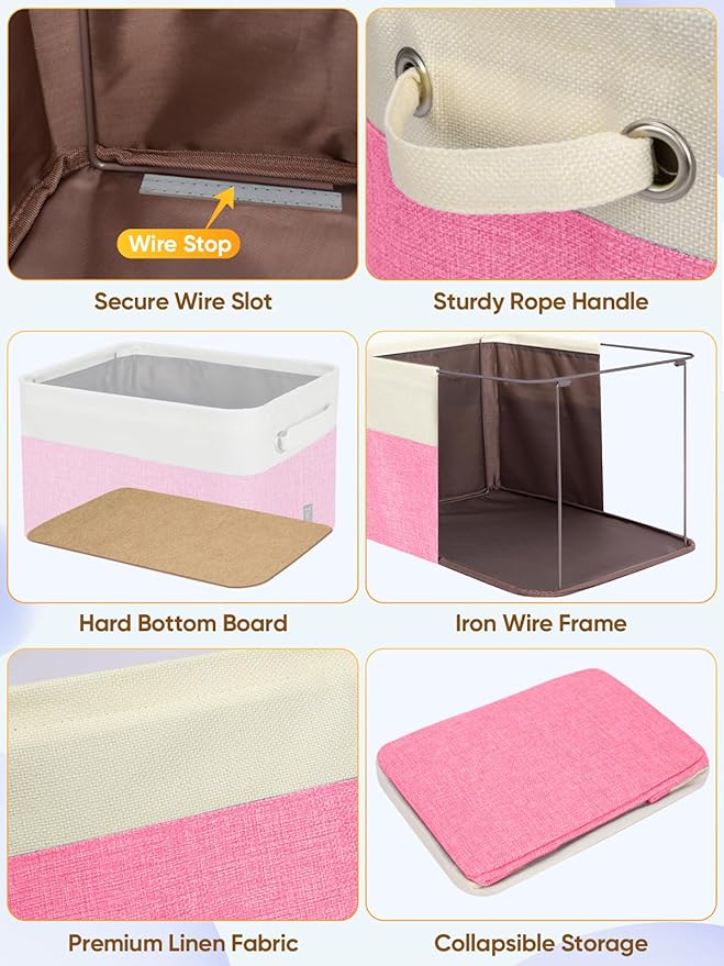 BALEINE 3 Pack Fabric Closet Storage Bins for Shelves, Linen Closet Organizers and Storage, Decorative Baskets for Organizing, Shelf, Clothes, Home, Office (Pink, 14''x10''x8.5')