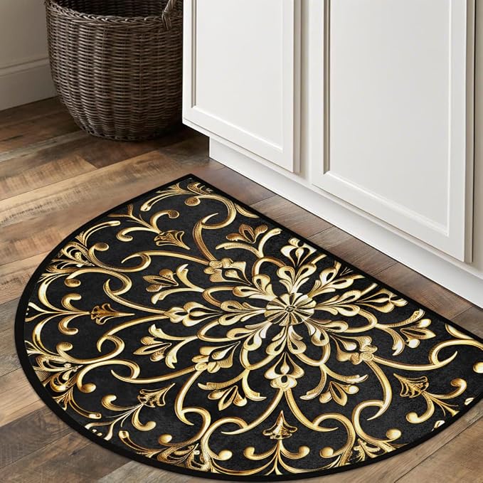 Half Round Door Mat Mandala Gold Ethnic Half Moon Rug Mandala Flower Washable Half Circle Area Rugs Indoor Entrance Non Slip Semi Circle Bathroom Rugs Floor Carpet for Kithen Bedroom Fireplace Decor