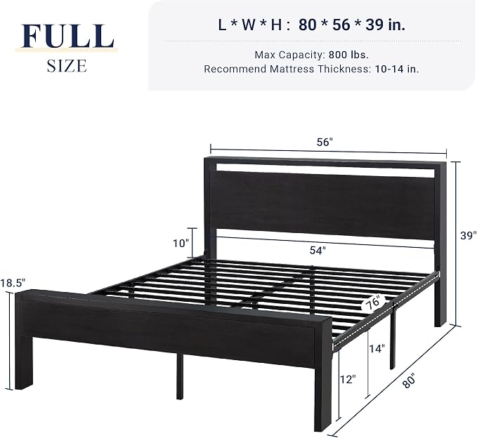 Allewie Full Size Bed Frame, Heavy Duty 12 Metal Slats Support, Black Oak | Wooden Headboard and Footboard, Modern Platform Bed, No Box Spring Needed, Under-Bed Storage, Noise Free, Easy Assembly