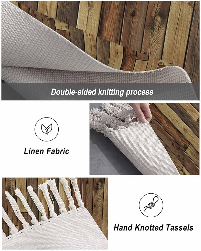 Brown Kitchen Hallway Runner Rug 2X5 Ft Carpet, Washable Woven Vintage Country Wooden Grain Throw Carpet with Tassel, Non-Shedding Farmhouse Cabin Retro Plank Stitching Art Entryway Laundry Rugs