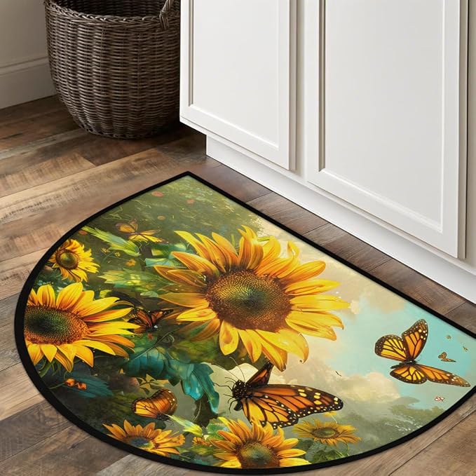 Sunflower Half Round Door Mat Non-Slip Semi Circle Rug Half Moon Doormat | Sunflower Fall Soft Washable Welcome Entrance Mat for Outdoor Indoor Floor Bedroom Bathroom Home Kitchen Festival Decor