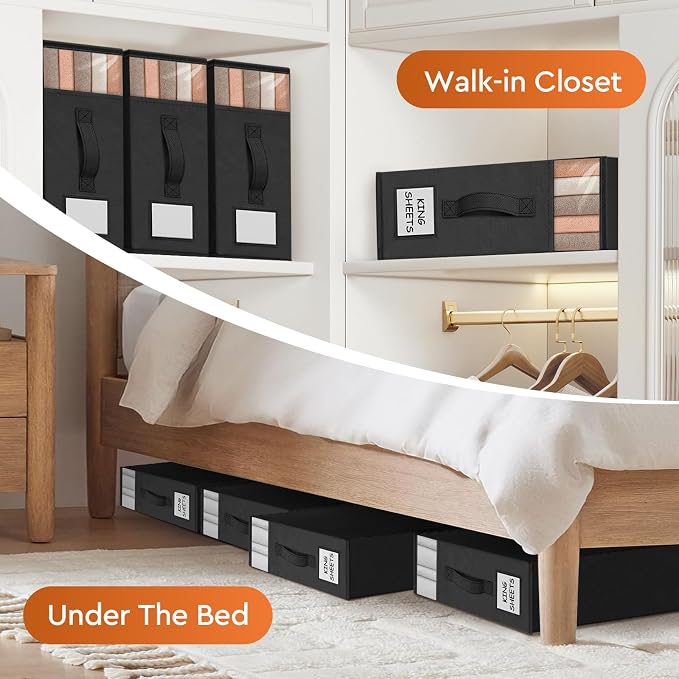 StorageTastic 2 Pack Bed Sheet Closet Organizers and Storage,Sturdy Foldable Storage Containers with Window and Label,Storage and Organization for Bedding Sheets,Duvet Covers,Blankets (Black)