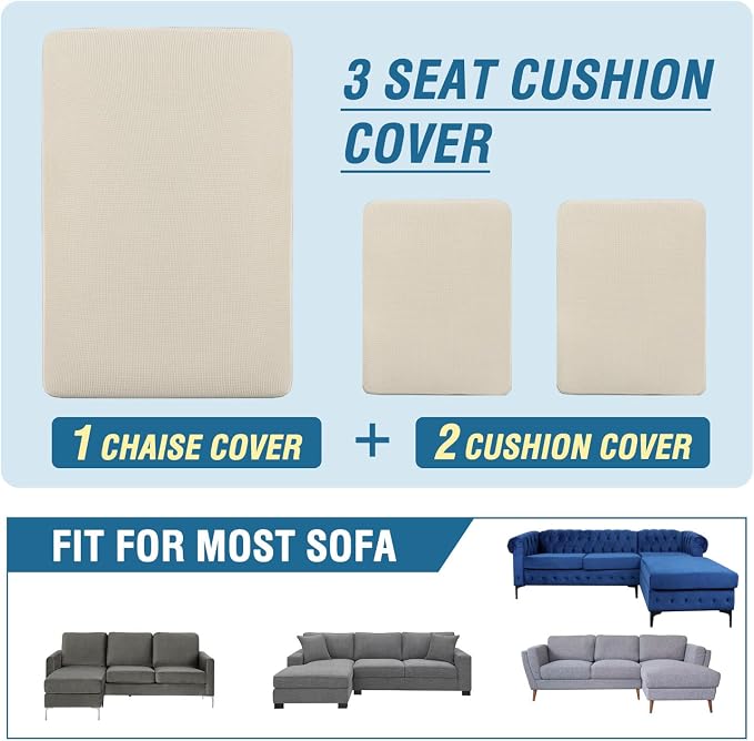 H.VERSAILTEX Sectional Couch Covers 3 Pieces Sofa Seat Cushion Covers L Shape Separate Cushion Couch Chaise Cover for Both Left/Right Sectional Couch (Seat Only: 1 Chaise + 2 Sofa, Natural)