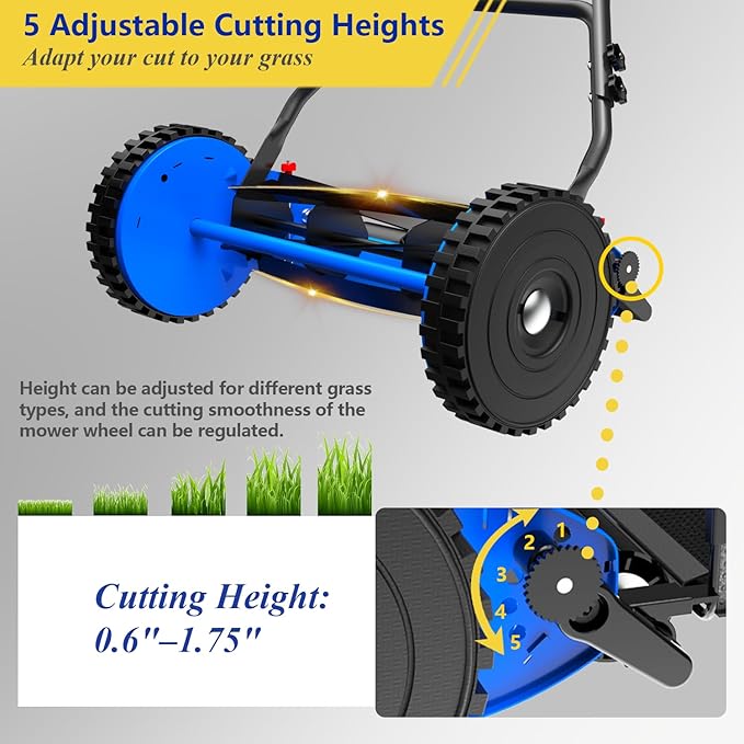 18-Inch Reel Lawn Mower with Tool-Free Blade Adjustment, 5-Blade Manual Push Lawn Mower, 5-Position Height Adjustable Hand Push Reel Mower for Larger Yards