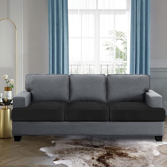 H.VERSAILTEX Stretch Velvet 3 Piece T Cushion Sofa Slipcovers - Individually Fitted Cushion Covers for 3 Cushion Couch - Stay in Place (Black)