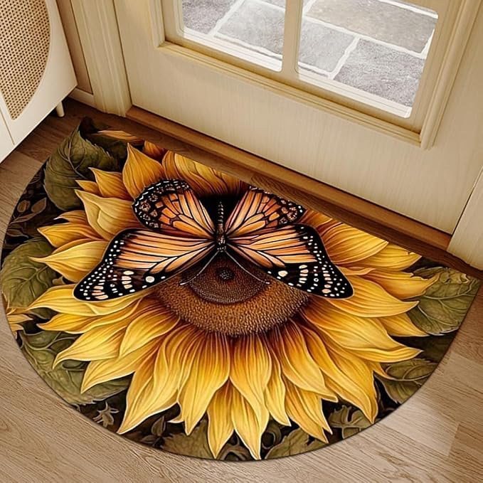Fchen art Bright Sunflower Butterfly Half Round Door Mat – Non Slip Washable Semi Circle Area Rug, Summer Floral Indoor/Outdoor Entrance Doormat for Entryway Kitchen Bathroom, 17x30 Inches