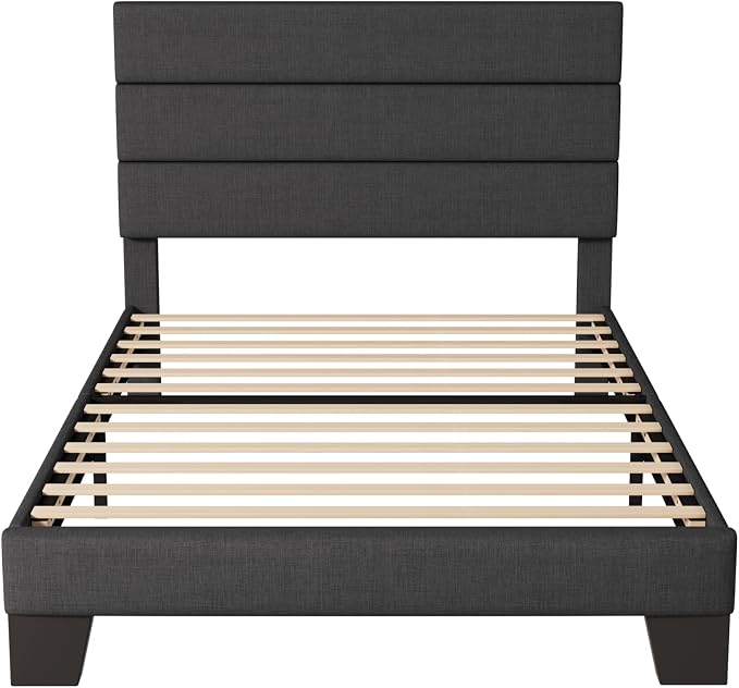 Allewie Twin Size Platform Bed Frame with Fabric Upholstered Headboard Gray | Wooden Slats Support, Fully Upholstered Mattress Foundation, No Box Spring Needed, Easy Assembly, Noise-Free, Dark Grey