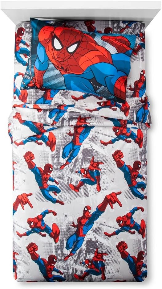 Jay Franco Kids Sheet Set with Fitted, Flat Sheets & Pillow Cover - Ultra-Soft Bedding with Pillowcase for Room Decor, White - Spiderman, 3 Piece Twin