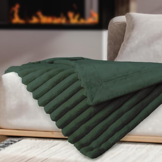 DEZ FURNISHINGS Luxury Reversible Textured Stripe Faux Fur & Velvet Throw Blanket, Throw XL (50" x 70"), Deep Forest Green