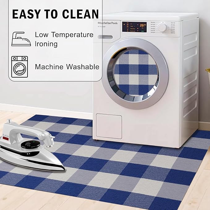 Buffalo Plaid Outdoor Rug 3x5 Ft Blue and White Checkered Area Rug Washable Doormats Indoor Outdoor Rugs for Layered Front Door Mats, Porch, Entryway, Kitchen, Farmhouse