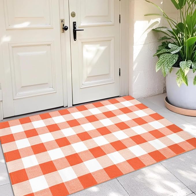 USTIDE Buffalo Plaid Outdoor Rug 3'x5' Orange White Washable Checkered Area Rug for Porch, Deck, Balcony, Camping, Farmhouse Outdoor Decor