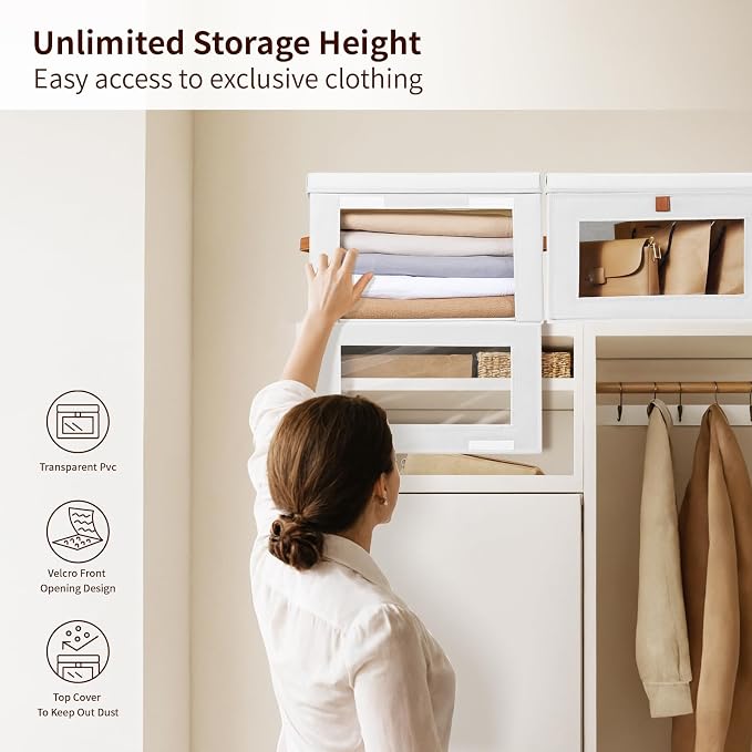 Homsorout Large Clothing Storage Bins - Collapsible Boxes with Handles & Window, Decorative Organizer Bins with Lids, Fabric Containers for Living Room, Dorm, 2 Pack, White