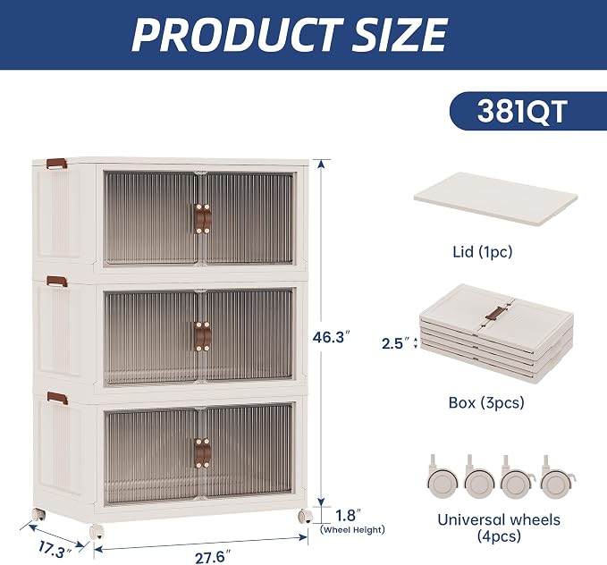 SAILUN 381Qt Extra Large Stackable Storage Bins Folding Collapsible Storage Bins with a Lid, Closet Organizers and Storage Blush White 28" W x 17" D x 46" H