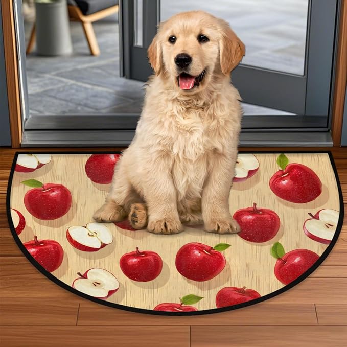 Pardick Half Round Door Mat Red Apples Anti-Slip Semi Circle Rug 24X36 Indoor Door Mat Half Moon Bath Mat, Washable Decorative Floor Mat for Kitchen Bathroom Hearth Fireplace