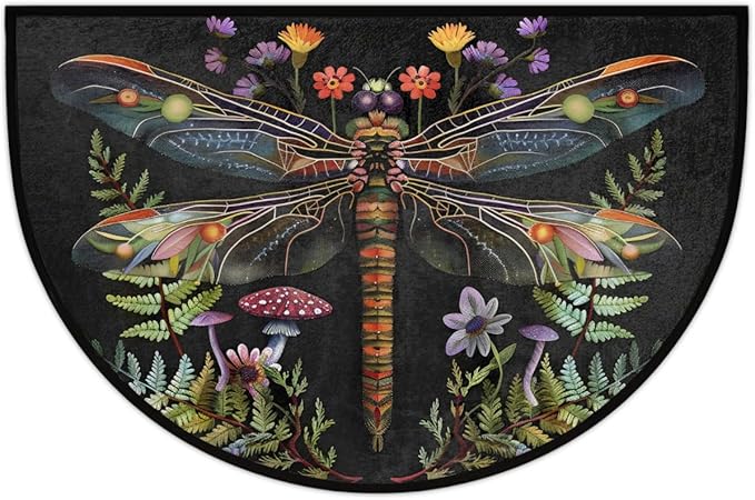 Dragonfly Half Round Doormat Semi Circle Rug Half Moon Rug Entryway Mat | Animal Dragonfly Washable Non Slip Outdoor Floor Rug Kitchen Mat for Indoor Outdoor Bathroom Fireplace Bath Decor