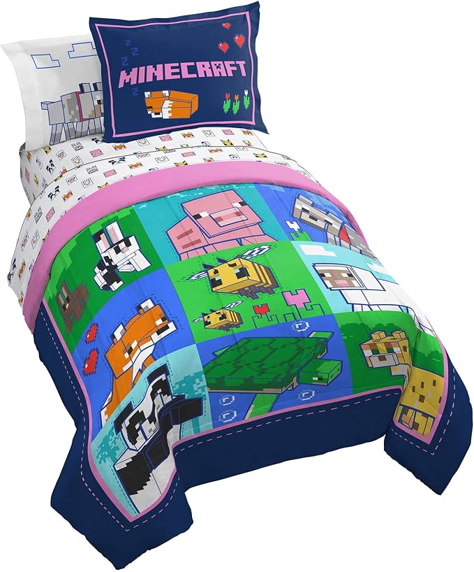 Minecraft Twin Comforter Set 5 Piece Soft Kids Bedding for Girls, Multi | Bed in a Bag, Comforter Sheets Sham Pillowcase, Official Brand, Soft Microfiber, Machine Washable, Easy Care, Girls Gift