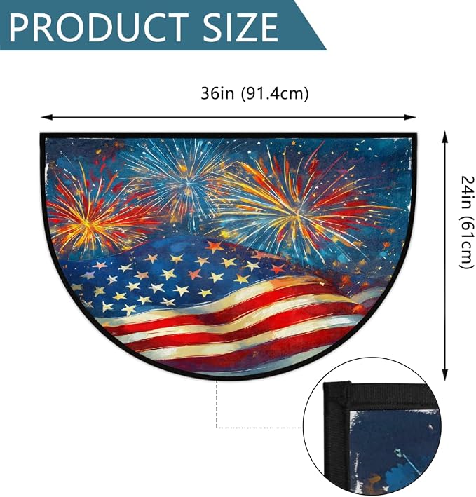 Fireworks Flag Half Round Door Mat Semi Circle Rug Half Moon Doormat | Fireworks Flag Soft Washable Welcome Entrance Mat for Outdoor Indoor Floor Bedroom Bathroom Home Kitchen Festival Decor