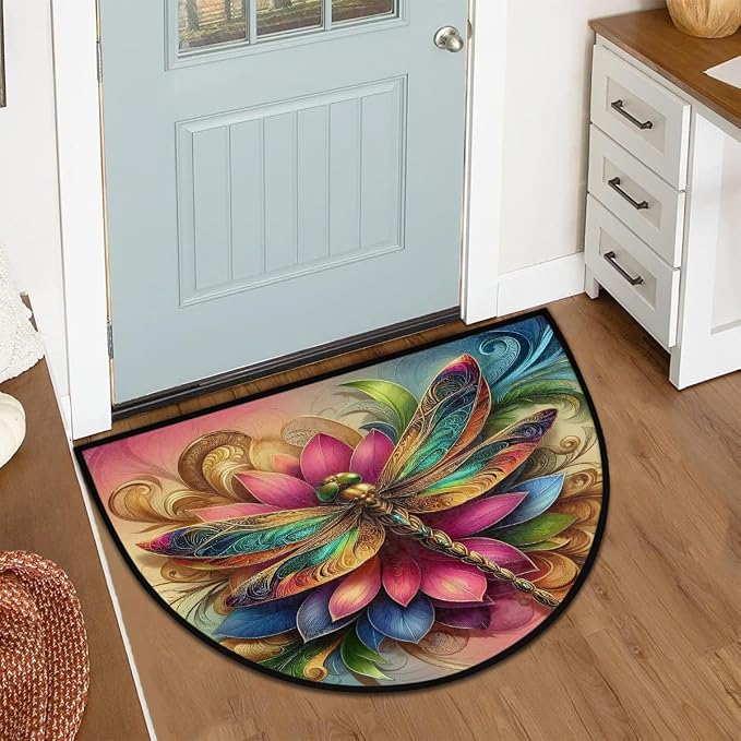Dragonfly Half Round Rug Half Moon Door Mat Half Circle Rugs | Rainbow Art Washable Non-Slip Semi Circle Rug Welcome Half Round Door Mat Indoor Entrance Kitchen Bedroom Living Room Decor
