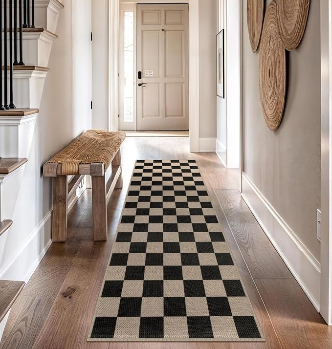 Rugalia Easy Jute Checkered Runner Rug, 2.6x8 Black Modern Washable Rugs Runner for Hallway Non-Slip Kitchen Runner Rug, Geometric Checkerboard Indoor Outdoor Carpet for Porch Laundry Entryway