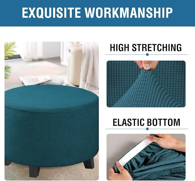 H.VERSAILTEX Ottoman Cover Stretch Ottoman Slipcover Round Ottoman Storage Cover Folding Stool Covers Furniture Protector Cover for Footrest Ottoman Fit Dia 20" - 23", Deep Teal