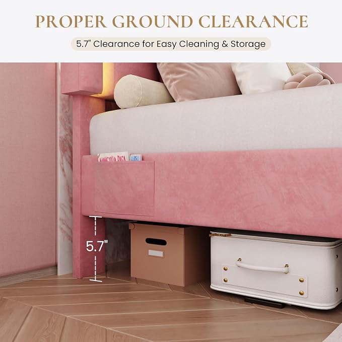 SHA CERLIN Queen Size Bed Frame with LED Lights and Storage Drawer, Pink | Upholstered Velvet Platform Bed with Adjuatable Wavy Headboard, Noise-Free, Easy Assembly,No Box Spring Needed