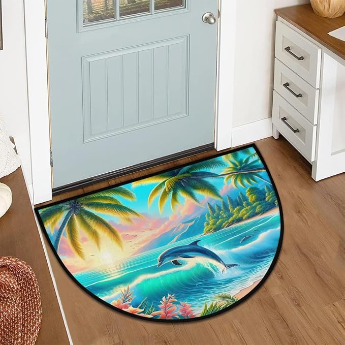 Palm Tree Half Round Rug Half Moon Door Mat Half Circle Rugs | Summer Animal Washable Non-Slip Semi Circle Rug Welcome Half Round Door Mat Indoor Entrance Kitchen Bedroom Living Room Decor