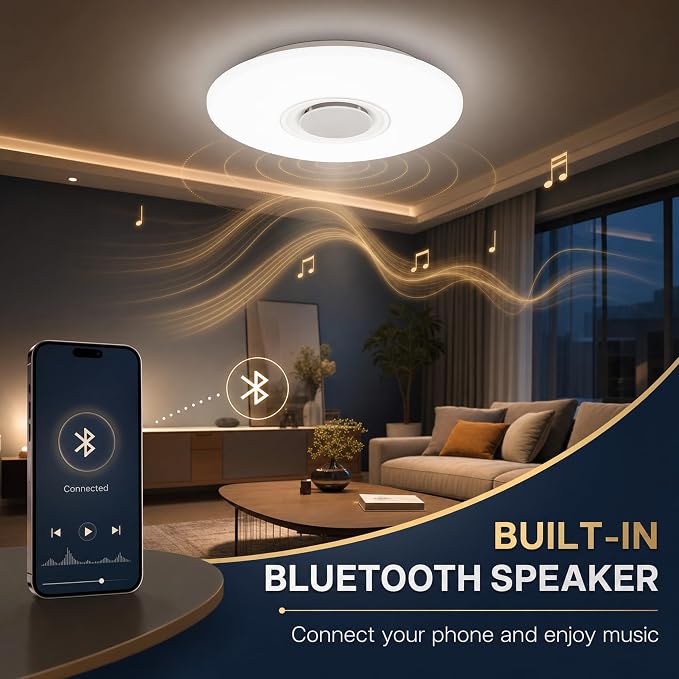 Upgrade 15 inch Dimmable LED Music Ceiling Light with Bluetooth Speaker 24W, Bluetooth Control via Smart Phone APP, Flush Mount Ceiling Light Family Bedroom (Remote Includes)