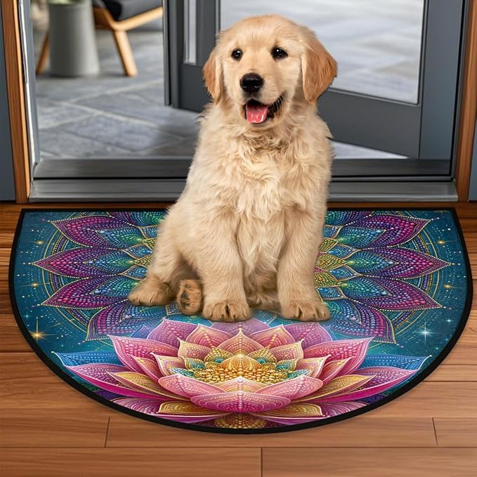 Lotus Half Round Door Mat Non Slip Half Circle Rugs | Mandala Color Washable Half Moon Rug Semi Circle Rugs Indoor Entrance Floor Carpet for Kithen Bedroom Fireplace Decor