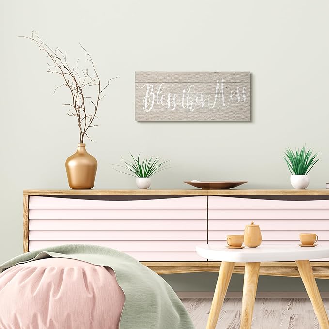 Stupell Industries Bless This Mess Family Home Inspirational Word Textured Wood Design Stretched Canvas Wall Art by Anna Quach, 10 x 1.5 x 24, Multi-Color