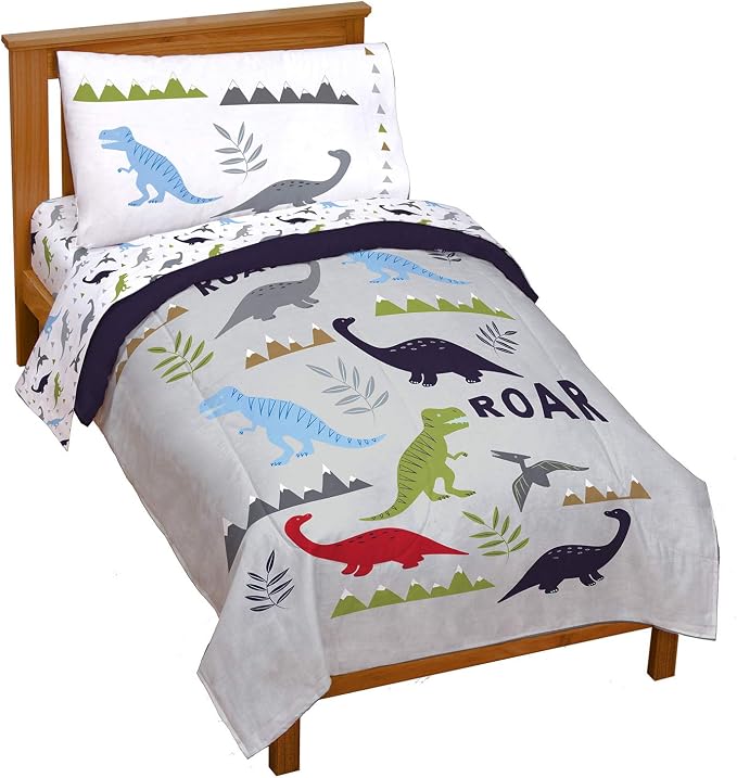 Trend Collector Dinosaur Toddler Comforter Set 4 Piece Bedding, Gray | Bed in a Bag, Comforter Sheets Pillowcase, Official Brand, Soft Microfiber, Machine Washable, Easy Care, Boys Gift