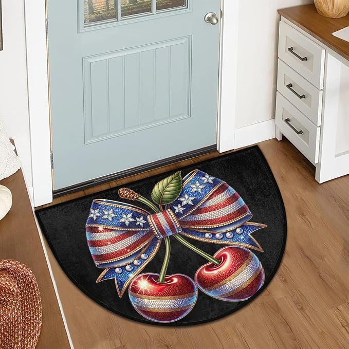 Cherry Flag Half Round Door Mat Non-Slip Semi Circle Rug Washable Half Moon Floor Rug Absorbent Bathroom Area Rugs for Outdoor Indoor Fireplace Mat Entryway Kitchen Decor Rugs