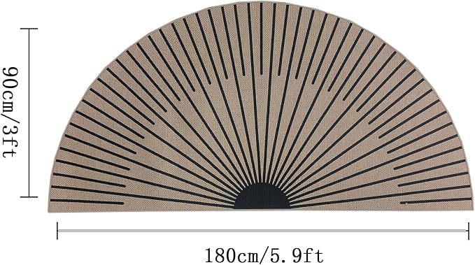 Easy Jute Rug 3x6Ft Half Circle Sunshine Doormat Neutral Faux Jute Indoor Outdoor Sun Carpet for Farmhouse Bedroom Entrance Balcony Kitchen Laundry Room, Nonslip, Half Round, Black 7