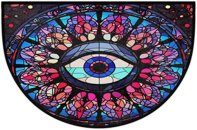 Colorful Eye Stained Glass Window Half Round Door Mat, Non-Slip Entrance Welcome Mat for Indoor Semi Circle Bathroom Floor Rugs Outdoor Mats House Heavy Duty Doormat for Kitchen Living Room 36x24 Inch