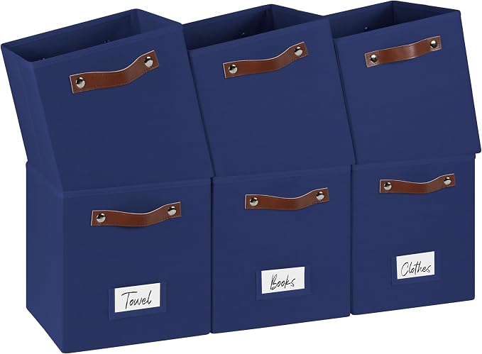 FinishingBo 10.5" x 11" Storage Bins with Labels 6 Pack | PU Leather Handles, Foldable Storage Cubes, Storage Baskets, Closet Storage, Blue