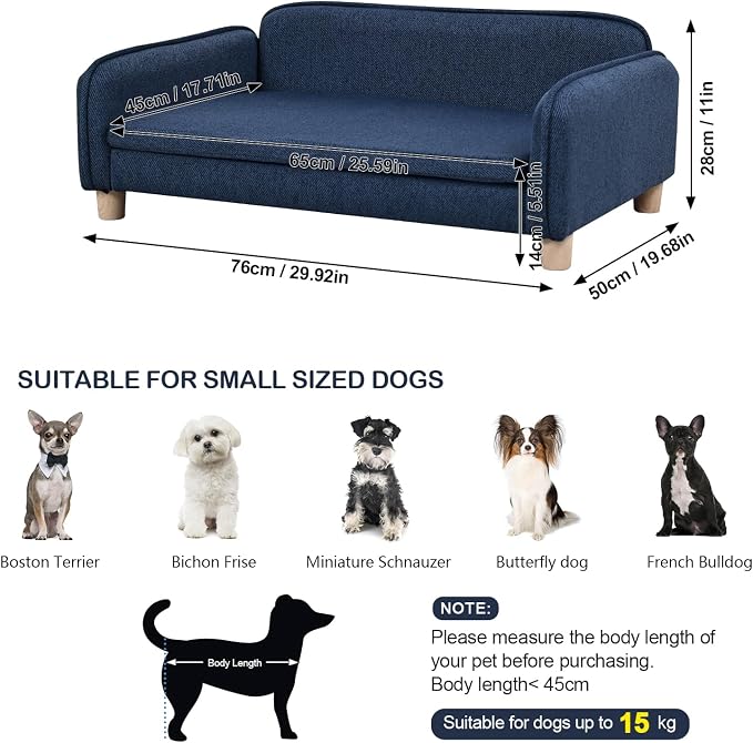 Big Sized Dog Bed -Wooden Frame Pet Sofa Couch, Washable Cushion Cat Couch, Linen Fabric Dog Sofa and Chair for Medium Pet Rest. (Blue)