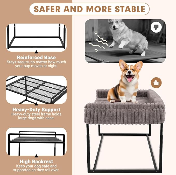 Adjustable Bedside Dog Bed for Large Dogs, Elevated Dog Co-Sleeper with Metal Frame, Memory Foam Mattress & Washable Corduroy Cover, Pet Bedside Sleeper for Dogs & Cats