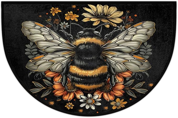 Bee Half Round Doormat Semi Circle Rug Half Moon Rug Entryway Mat | Animal Bee Flower Washable Non Slip Outdoor Floor Rug Kitchen Mat for Indoor Outdoor Bathroom Fireplace Bath Decor