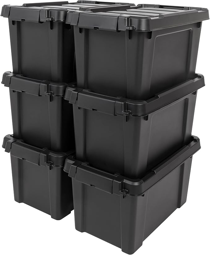 IRIS USA 6-Pack 5 Gal Heavy Duty Lockable Storage Totes with lids, Black | Built for tools, hardware, emergency supplies and small equipment, Stackable design keeps spaces organized