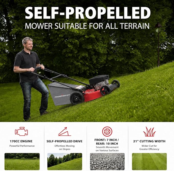 PowerSmart 21" Gas Self-Propelled Lawn Mower for Hills & Medium Yards | 170cc OHV | 3-in-1 Mulching/Bagging/Discharge | 6-Position Height | Alloy Steel Deck | Easy Start | Rear-Wheel Drive