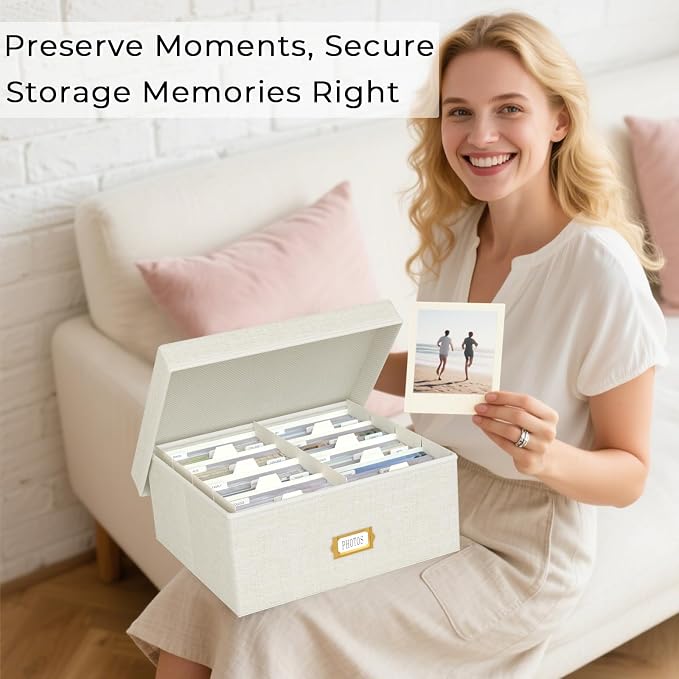 Decorative Photo Storage Box, Linen Photo Box Holds 1700 4x6 Pictures Beige | Photo Storage Containers with 8 Dividers, Memory Keepsake Organizer for Photos, Scrapbook Supplies, Cards, Stamps,Archive Box