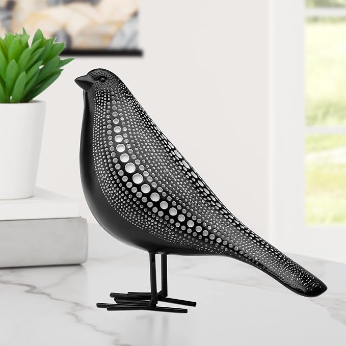 Torre & Tagus 6" Standing Bird Statue for Home Decor & Office Decoration, Black Finish with Indented White Polka Dots for Indoor Book Shelf, Entryway Console, Bedroom & Wedding Gift (Debossed Bird)