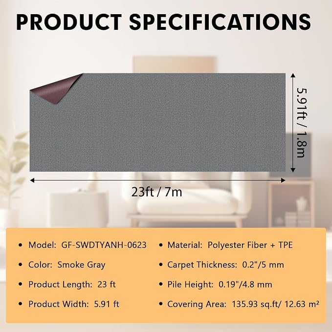 Grefinity Marine Carpet,6 FT x 23 FT Smoke Gray Indoor Outdoor Carpet 0.2" Thick Boat Rug with Water-Proof TPE Backing for Home, Patio, Porch, Deck