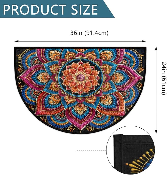 Flower Half Round Door Mat Semi Moon Rug Fireplace Carpet Area Rugs | Boho Geometric Non Slip Absorbent Half Circle Mat Carpet for Indoor Outdoor Patio Kitchen Bathroom Entryway Home Decor