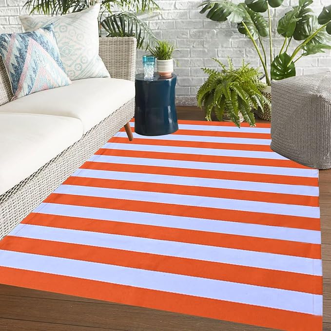 Bottalive Fall Decor Orange Striped Rug, 4' x 6' Cotton Reversible Foldable Washable Area Rug, Layering Rug for Hello/Welcome Door Mat, Washable Cotton Woven Farmhouse Mat for Front Porch