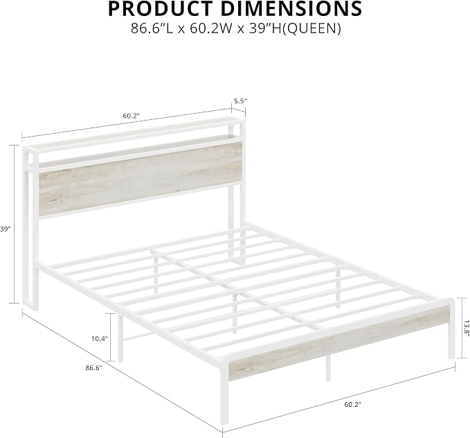 LIKIMIO Queen Bed Frame with 2-Tier Storage Shelf Headboard | Wood Platform Bed, Camas Queen with Strong Metal Supports, Sturdy, Noise-Free, No Box Spring Needed, White Maple