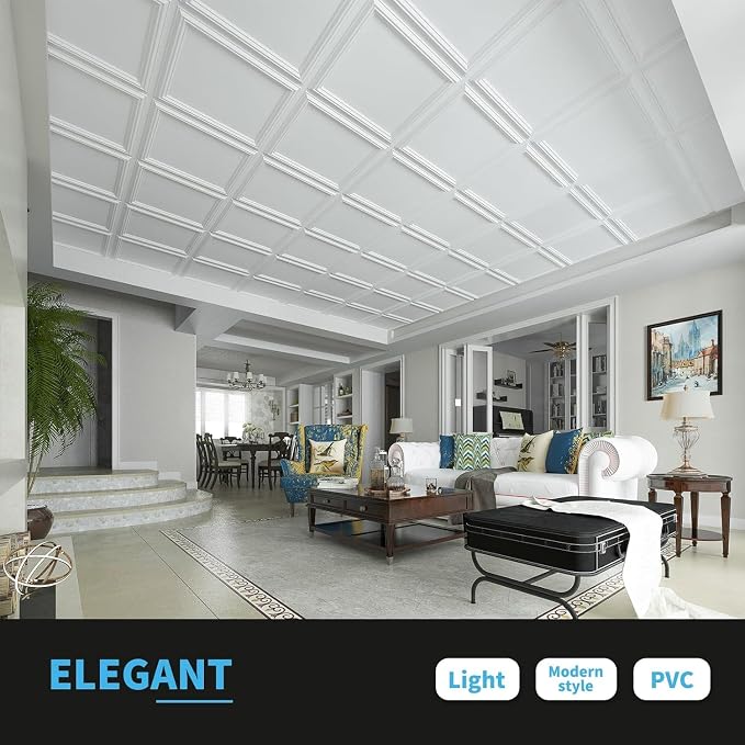 Art3d 36-Pack Drop Relief Ceiling Tiles for Home, Office & Commercial Space, 24 x 24in PVC Waterproof 3D Wall Panels, Covers 144 Sq. Ft, Multi-Pack, Square White