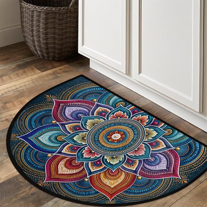 Flower Half Round Door Mat Semi Moon Rug Fireplace Carpet Area Rugs | Colorful Boho Non Slip Absorbent Half Circle Mat Carpet for Indoor Outdoor Patio Kitchen Bathroom Entryway Home Decor