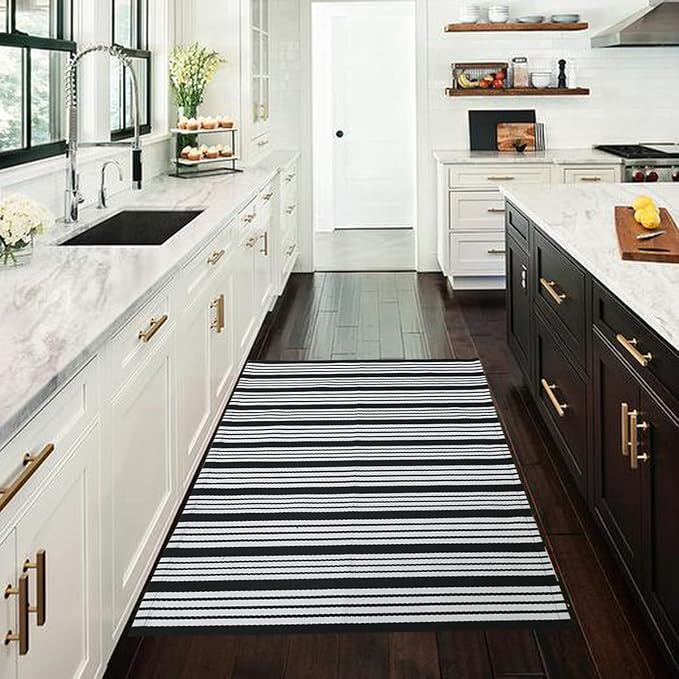 CAINANEL Black and White Striped Outdoor Rug 27.5'' x 43'' Front Door Mat Handwoven Cotton Indoor/Outdoor for Layered Door Mats,Welcome Door Mat, Front Porch,Farmhouse,Entry Way