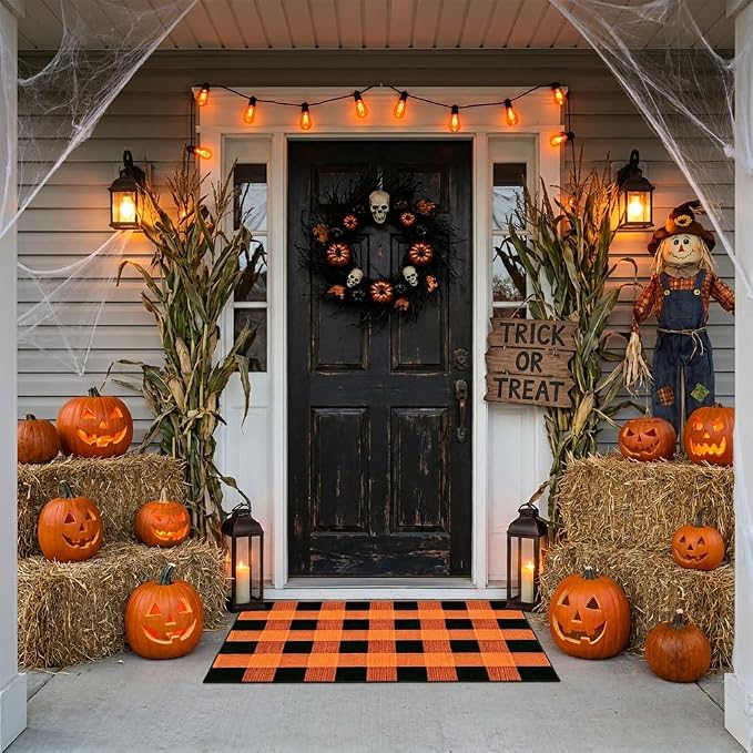 Buffalo Plaid Rug 2'4''x 3'7'' Orange and Black Front Door Mat Reversible Halloween Doormat Layered Porch Rug Washable Hand Woven Cotton Area Rug for Indoor Outdoor Entryway Patio Porch Decor